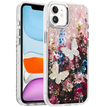 For iPhone 11 6.1 in. Case Epoxy Glitter 3D Beaded Butterflies + Tempered Glass