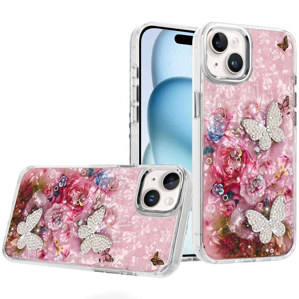 For iPhone 15 Case Epoxy Glitter with 3D Beaded Butterflies + 2 Tempered Glass