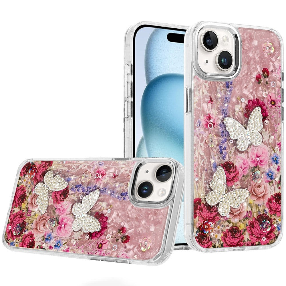 For iPhone 15 Case Epoxy Glitter with 3D Beaded Butterflies + 2 Tempered Glass