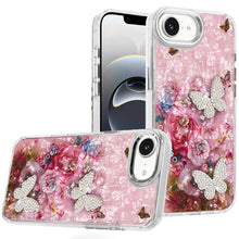 For iPhone 16e Case Epoxy Glitter with 3D Beaded Butterflies + Tempered Glass