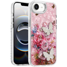 For iPhone 16e Case Epoxy Glitter with 3D Beaded Butterflies + Tempered Glass