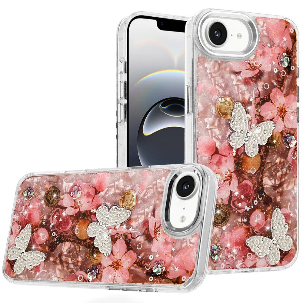 For iPhone 16e Case Epoxy Glitter with 3D Beaded Butterflies + Tempered Glass