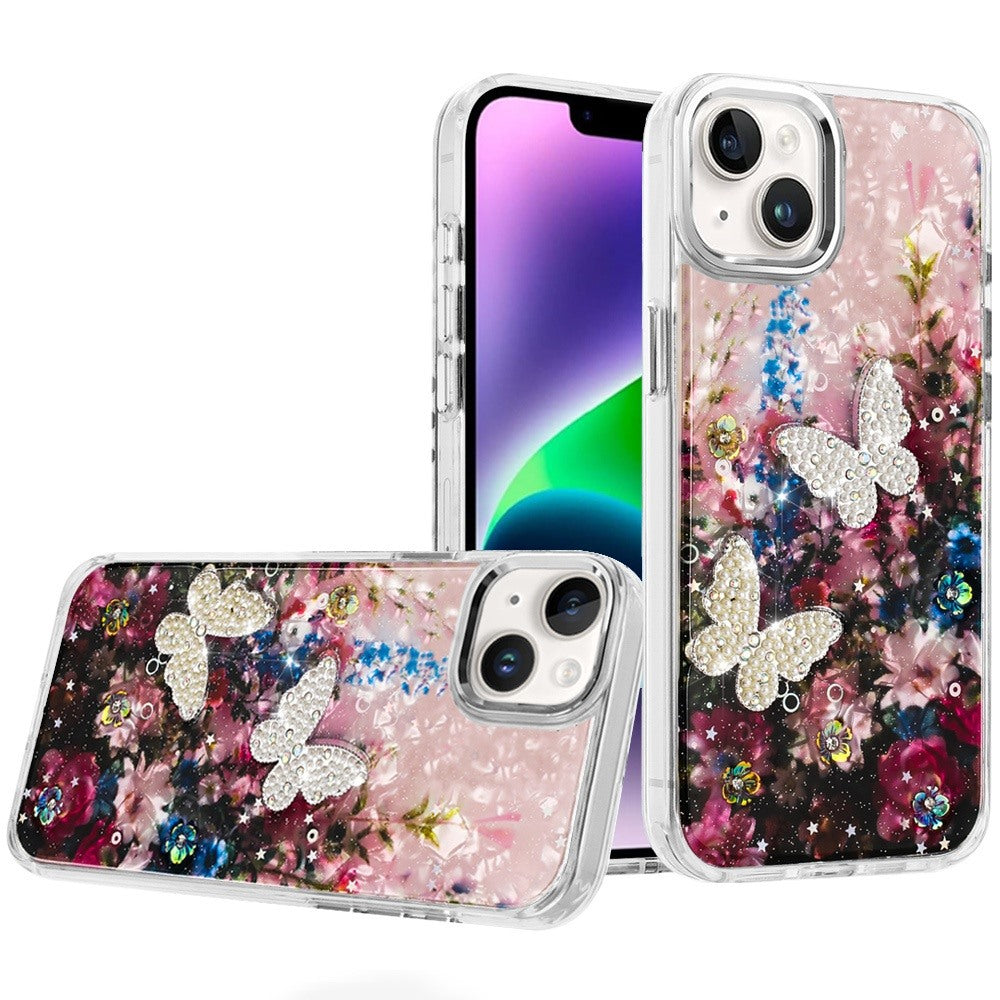 For iPhone 13/14 Case Epoxy Glitter w/ 3D Beaded Butterflies + Tempered Glass