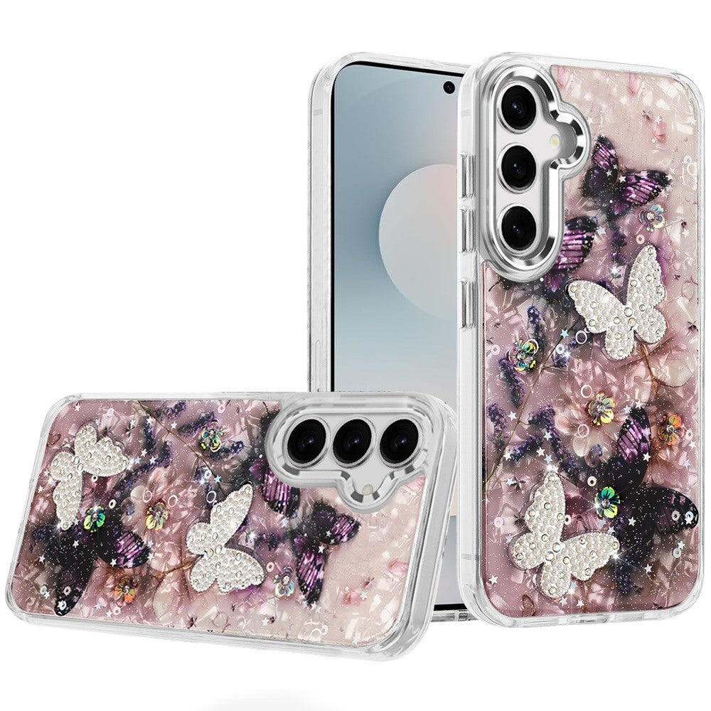 For Samsung S25 FE Case Epoxy Glitter w/ 3D Beaded Butterflies + Tempered Glass