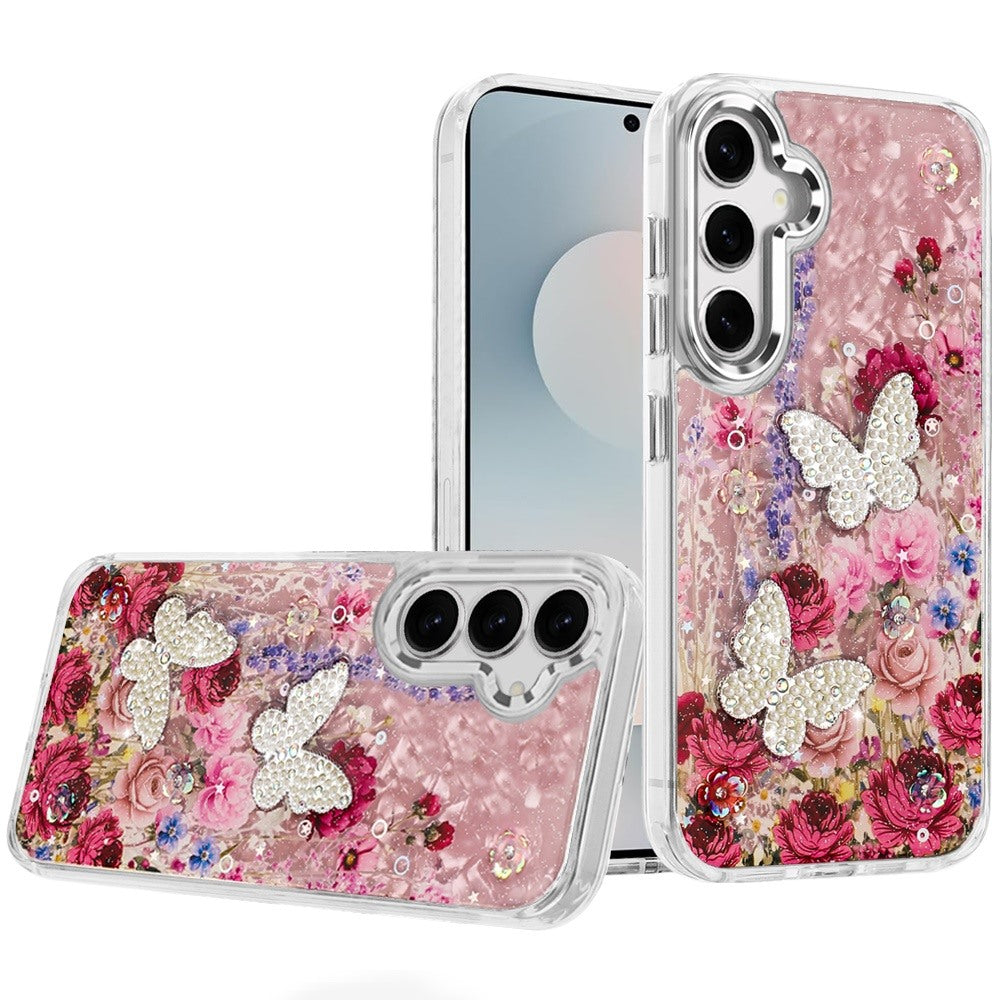 For Samsung S25 FE Case Epoxy Glitter w/ 3D Beaded Butterflies + Tempered Glass