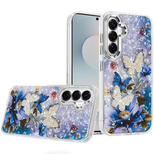 For Samsung S26 6.3" Case Epoxy Glitter 3D Beaded Butterflies + Tempered Glass