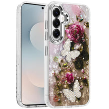 For Samsung S26 6.3" Case Epoxy Glitter 3D Beaded Butterflies + Tempered Glass