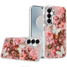 For Samsung S26 6.3" Case Epoxy Glitter 3D Beaded Butterflies + Tempered Glass