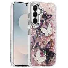 For Samsung S26 6.3" Case Epoxy Glitter 3D Beaded Butterflies + Tempered Glass