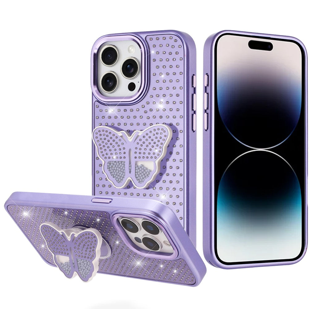 For iPhone 14 PRO MAX 6.7 in. Case Butterfly Grip Stand with Faux Crystals Cover