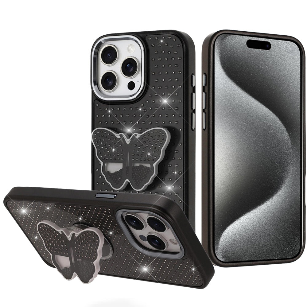 For iPhone 15 Pro Max Case Butterfly Grip Stand Faux Crystals + 2 Tempered Glass