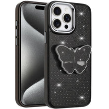 For iPhone 15 Pro Max Case Butterfly Grip Stand Faux Crystals + 2 Tempered Glass