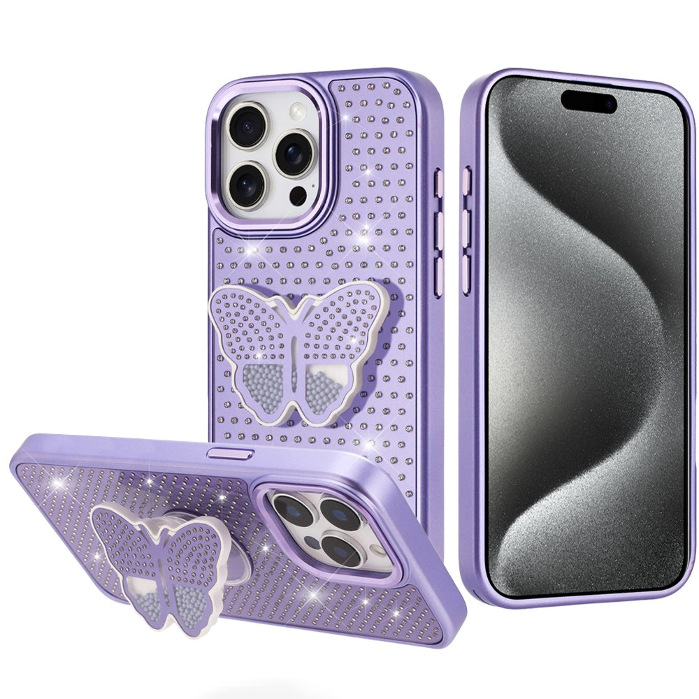 For iPhone 15 Pro Max Case Butterfly Grip Stand Faux Crystals + 2 Tempered Glass