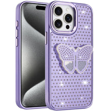 For iPhone 15 Pro Max Case Butterfly Grip Stand Faux Crystals + 2 Tempered Glass