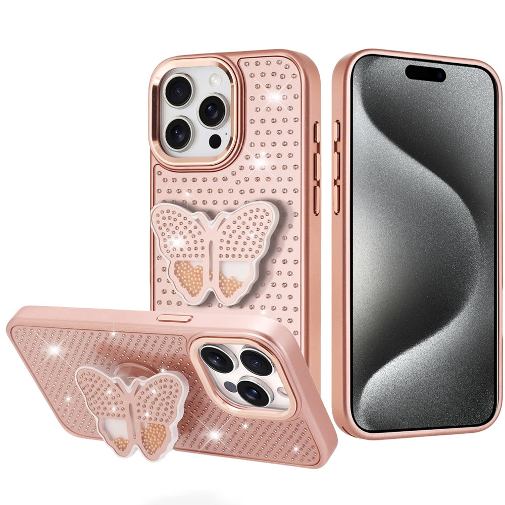 For iPhone 15 Pro Max Case Butterfly Grip Stand Faux Crystals + 2 Tempered Glass