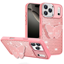 For iPhone 17 Pro Max Case Butterfly Grip Stand Faux Crystals + Tempered Glass