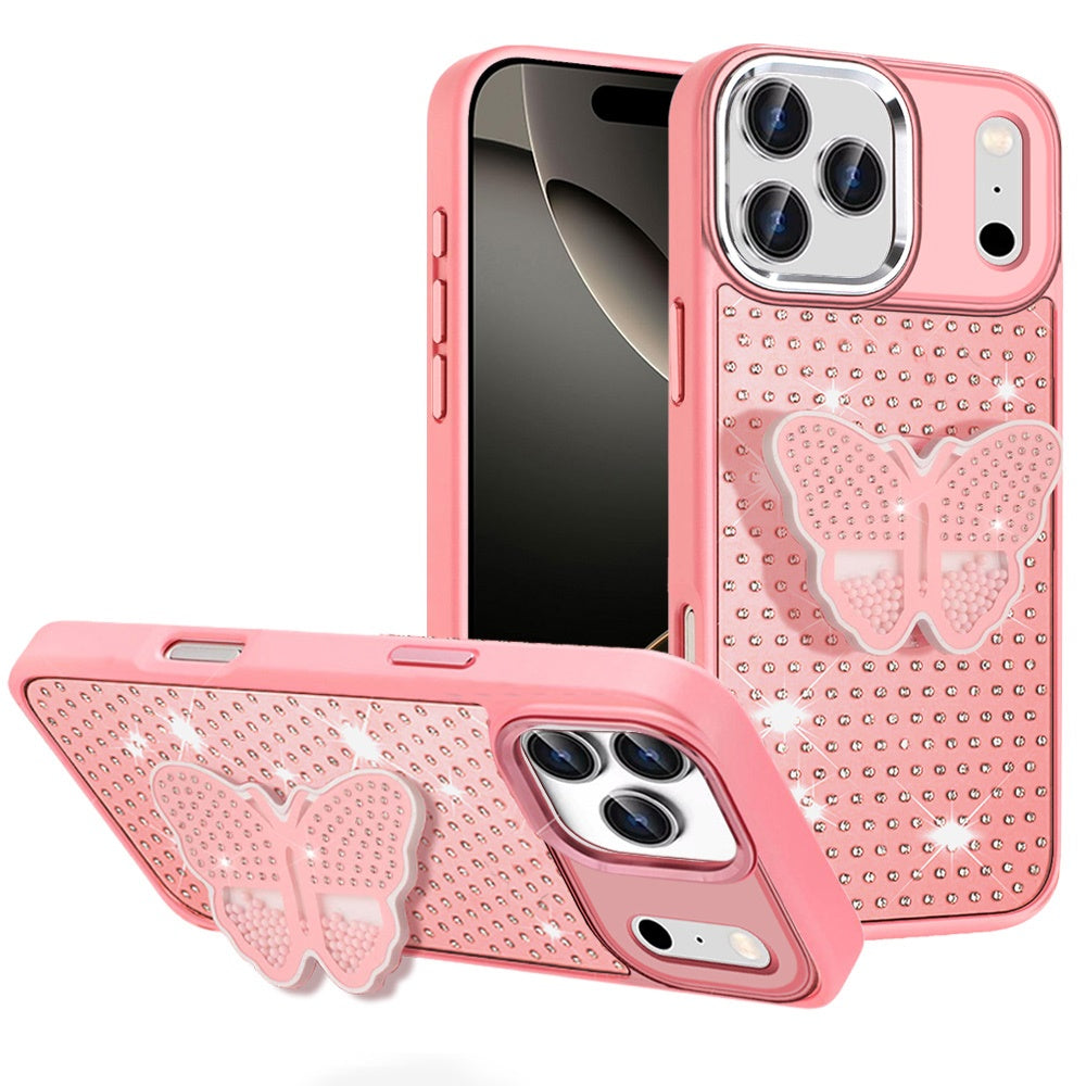 For iPhone 17 Pro Max Case Butterfly Grip Stand Faux Crystals + Tempered Glass