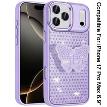 For iPhone 17 Pro Max Case Butterfly Grip Stand Faux Crystals + Tempered Glass