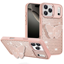 For iPhone 17 Pro Max Case Butterfly Grip Stand Faux Crystals + Tempered Glass