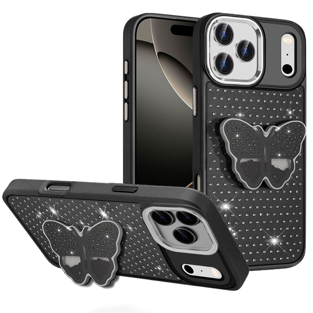 For iPhone 17 PRO Case Butterfly Grip Stand with Faux Crystals + Tempered Glass