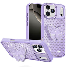 For iPhone 17 PRO Case Butterfly Grip Stand with Faux Crystals + Tempered Glass