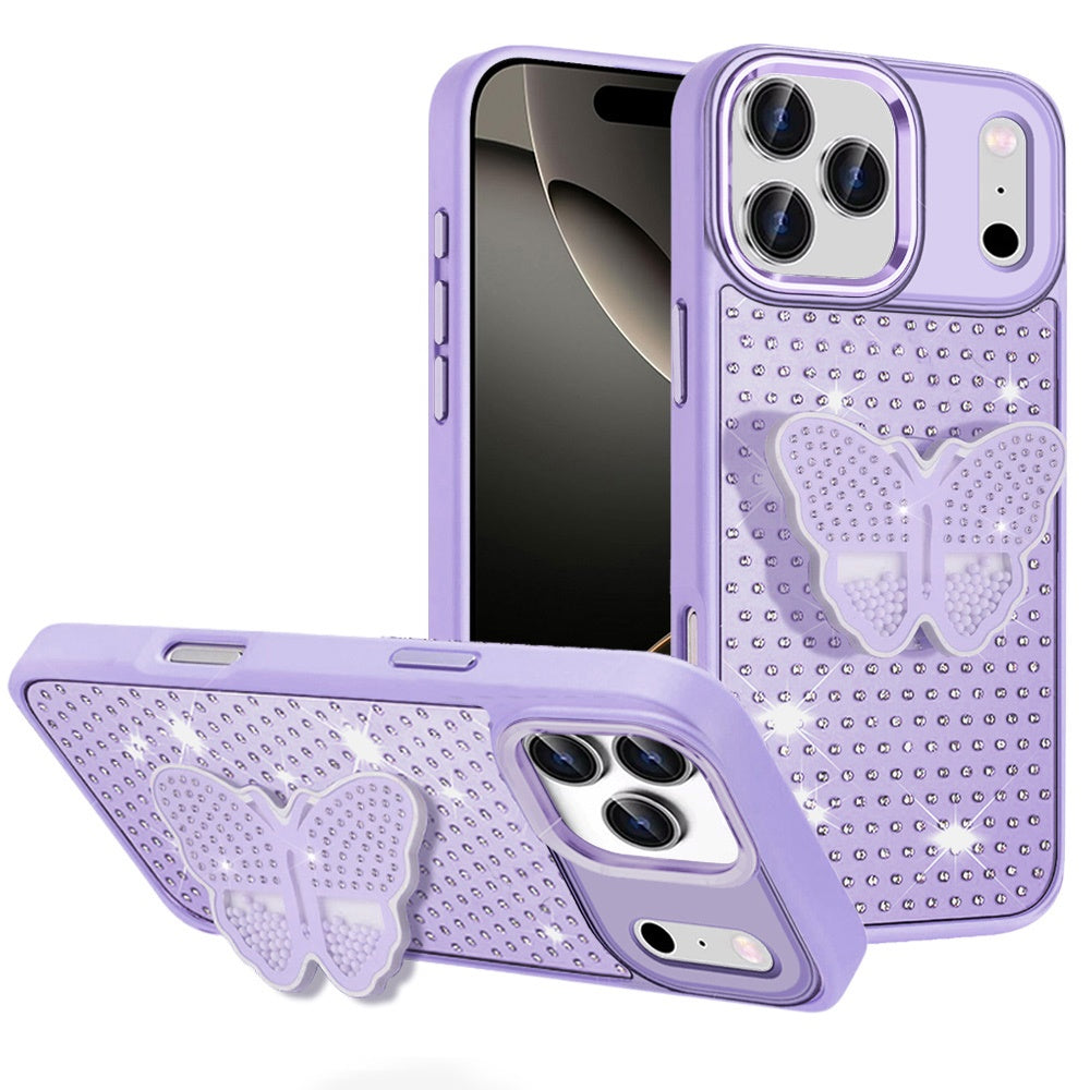 For iPhone 17 PRO Case Butterfly Grip Stand with Faux Crystals + Tempered Glass