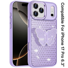 For iPhone 17 PRO Case Butterfly Grip Stand with Faux Crystals + Tempered Glass