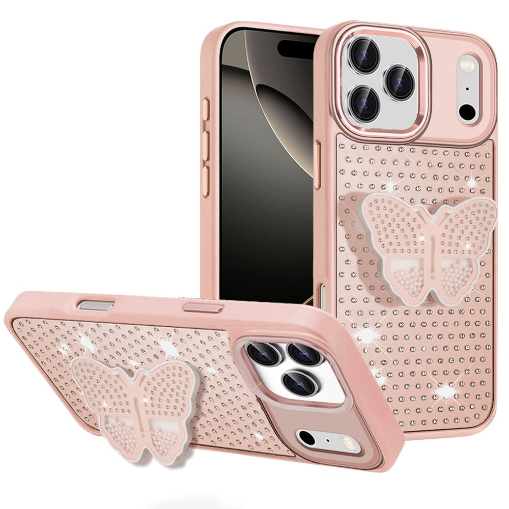 For iPhone 17 PRO Case Butterfly Grip Stand with Faux Crystals + Tempered Glass