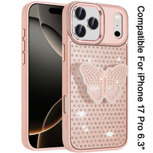 For iPhone 17 PRO Case Butterfly Grip Stand with Faux Crystals + Tempered Glass