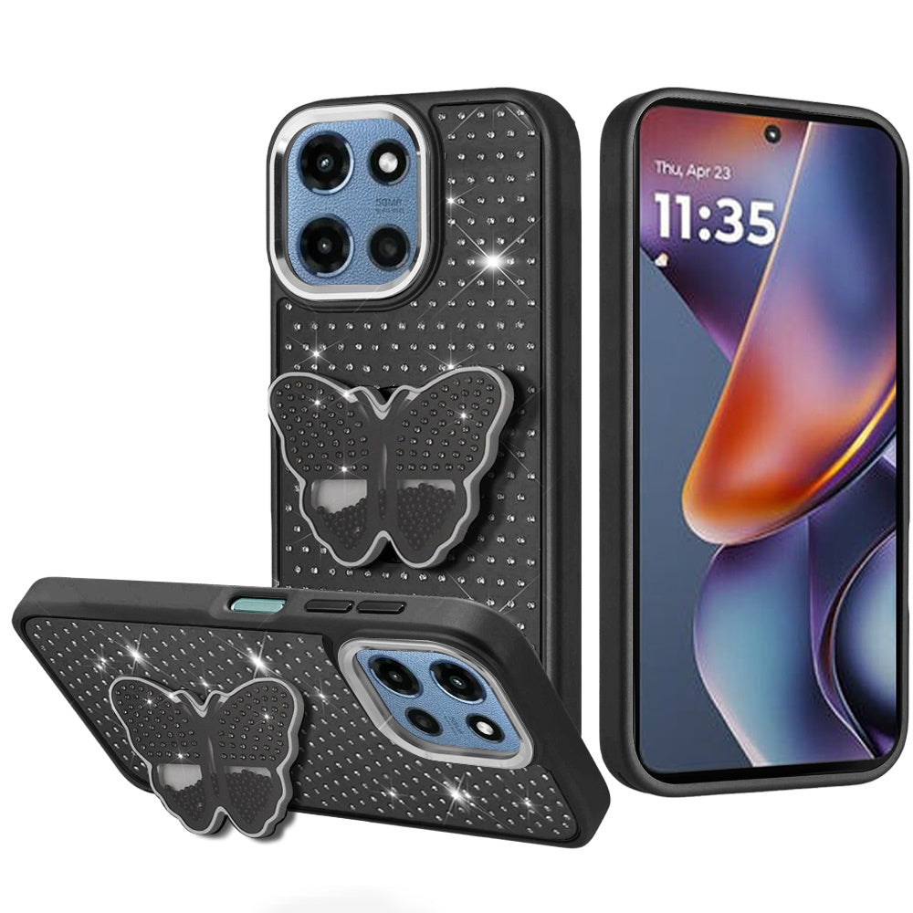 For Moto G 2025 Case Butterfly Grip Stand Small Faux Crystals + Tempered Glass