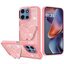 For Moto G 2025 Case Butterfly Grip Stand Small Faux Crystals + Tempered Glass