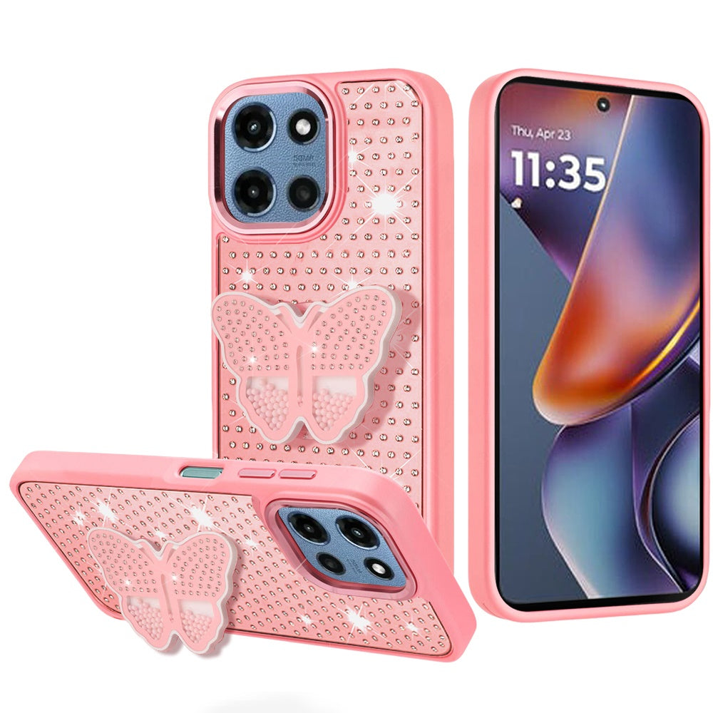 For Moto G 2025 Case Butterfly Grip Stand Small Faux Crystals + Tempered Glass