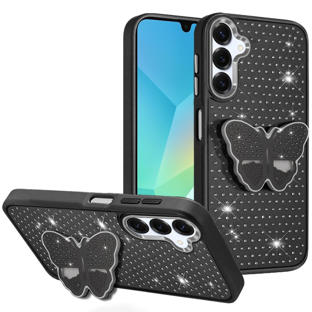For Samsung A16 5G Case Butterfly Grip Stand with Faux Crystals + Tempered Glass