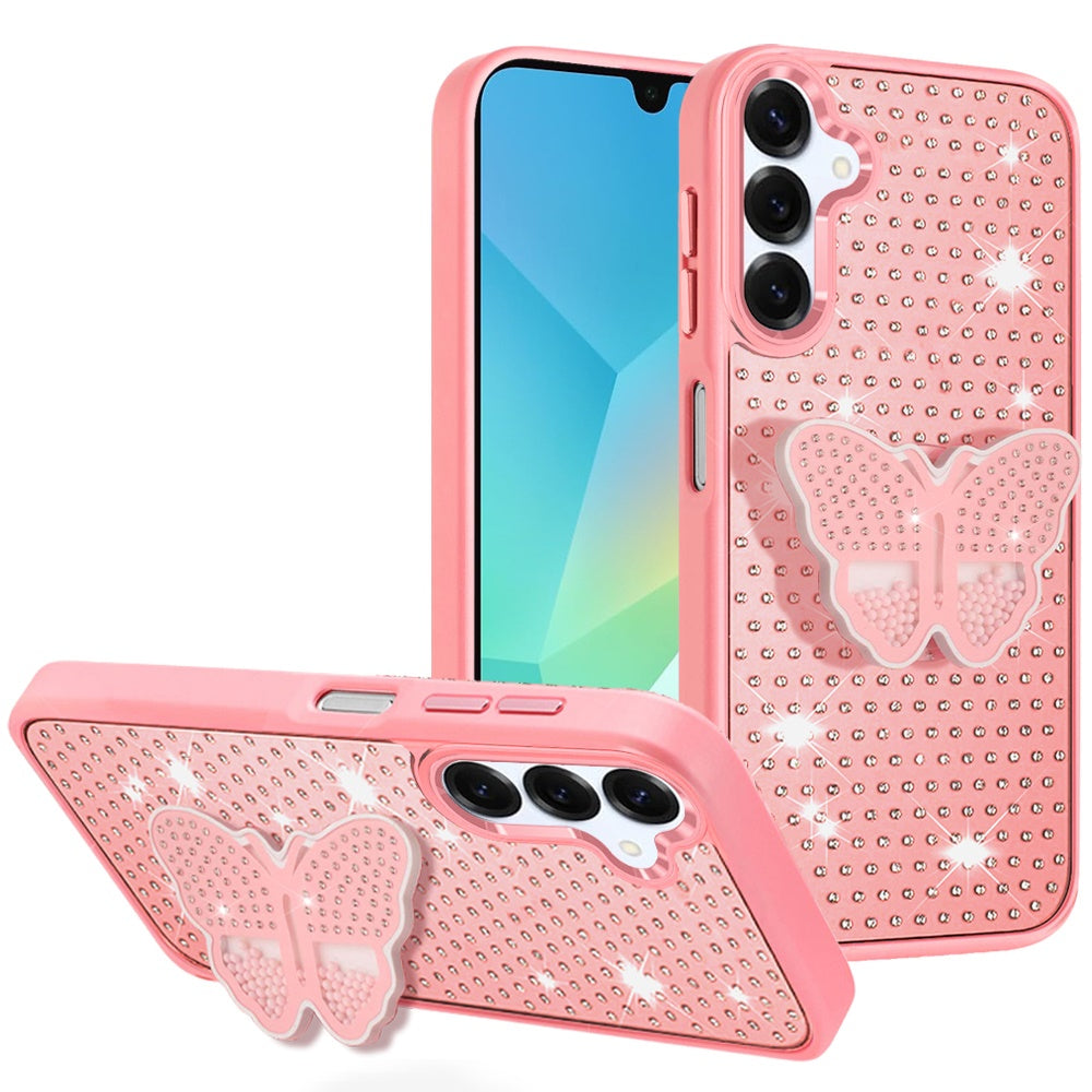 For Samsung A16 5G Case Butterfly Grip Stand with Faux Crystals + Tempered Glass