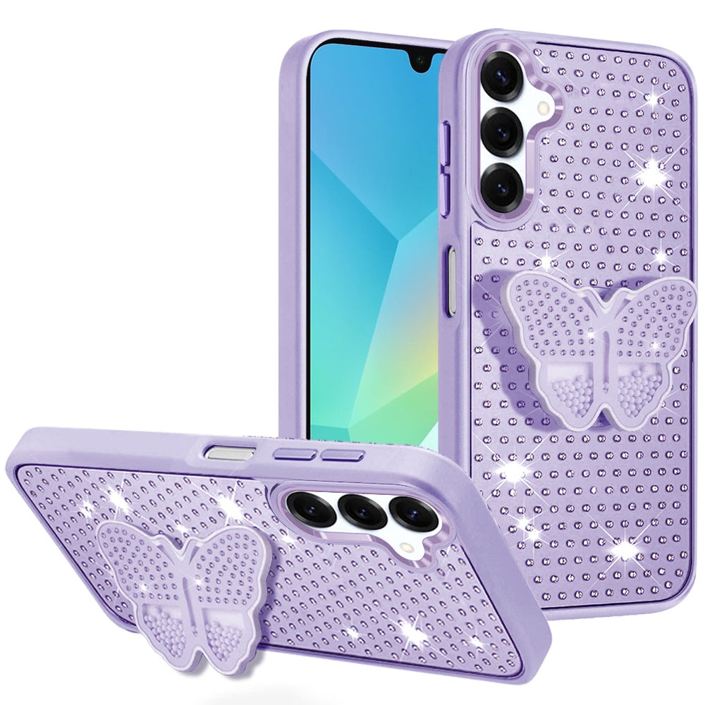 For Samsung A16 5G Case Butterfly Grip Stand with Faux Crystals + Tempered Glass