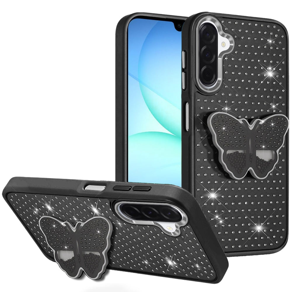 For Samsung A17 5G Case Butterfly Grip Stand with Faux Crystals + Tempered Glass