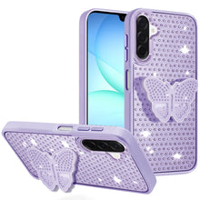 For Samsung A17 5G Case Butterfly Grip Stand with Faux Crystals + Tempered Glass