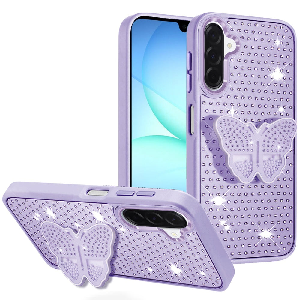 For Samsung A17 5G Case Butterfly Grip Stand with Faux Crystals + Tempered Glass