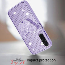 For Samsung A17 5G Case Butterfly Grip Stand with Faux Crystals + Tempered Glass
