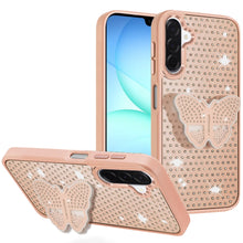 For Samsung A17 5G Case Butterfly Grip Stand with Faux Crystals + Tempered Glass