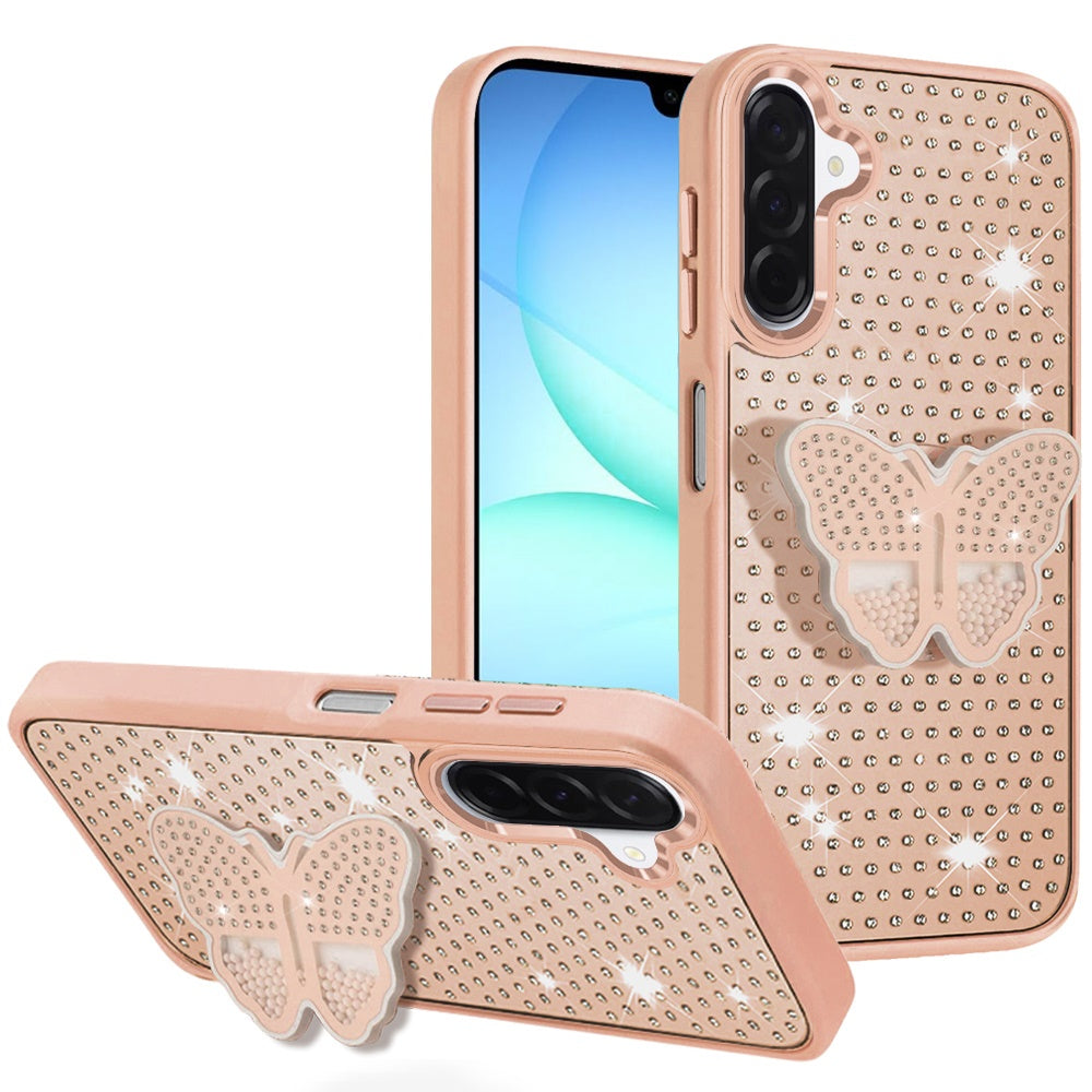 For Samsung A17 5G Case Butterfly Grip Stand with Faux Crystals + Tempered Glass