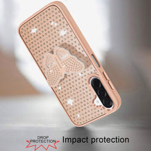 For Samsung A17 5G Case Butterfly Grip Stand with Faux Crystals + Tempered Glass