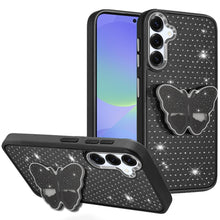 For Samsung A36 Case Butterfly Grip Stand with Faux Crystals + Tempered Glass