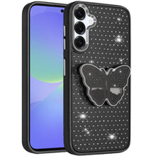 For Samsung A36 Case Butterfly Grip Stand with Faux Crystals + Tempered Glass