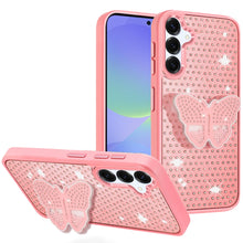 For Samsung A36 Case Butterfly Grip Stand with Faux Crystals + Tempered Glass