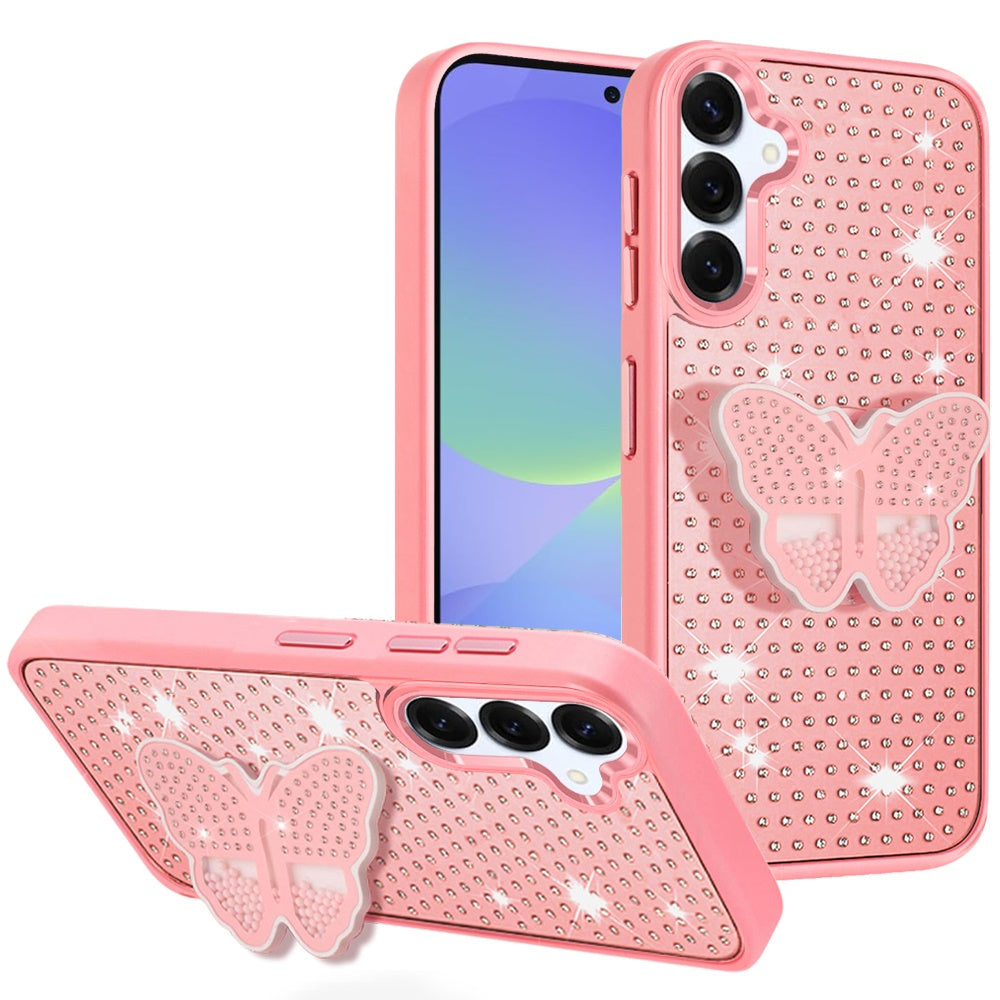 For Samsung A36 Case Butterfly Grip Stand with Faux Crystals + Tempered Glass