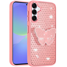 For Samsung A36 Case Butterfly Grip Stand with Faux Crystals + Tempered Glass