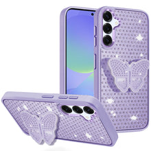 For Samsung A36 Case Butterfly Grip Stand with Faux Crystals + Tempered Glass