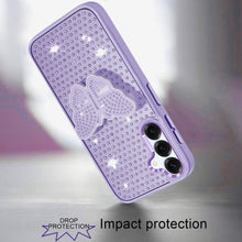 For Samsung A36 Case Butterfly Grip Stand with Faux Crystals + Tempered Glass