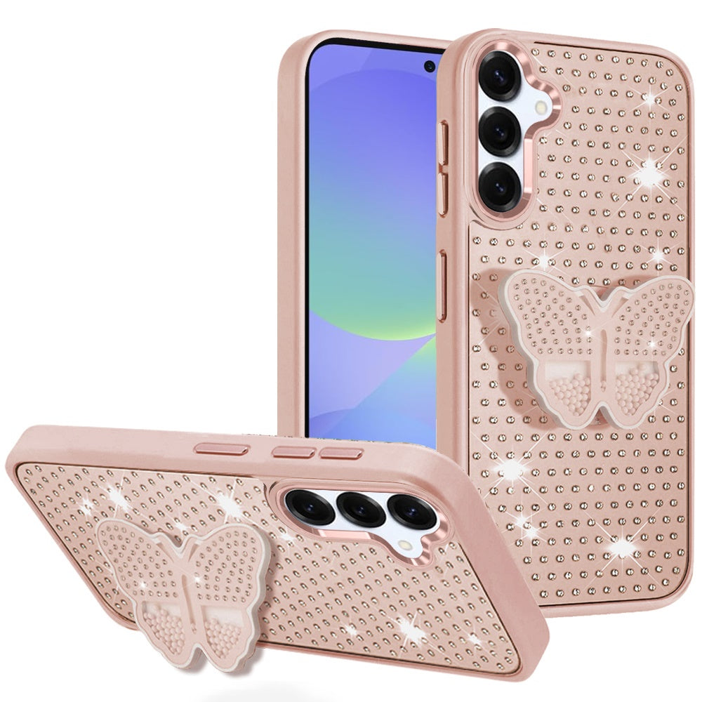 For Samsung A36 Case Butterfly Grip Stand with Faux Crystals + Tempered Glass